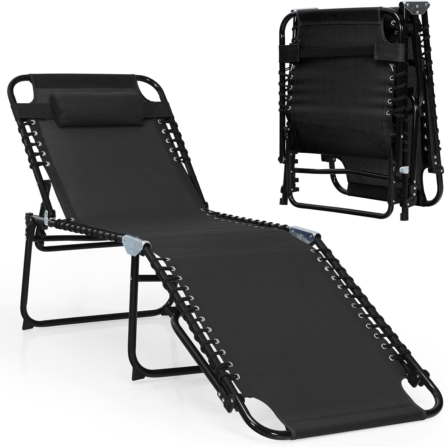 COSTWAY Tumbona plegable de 16 pulgadas de alto reclinable, con respaldo ajustable y reposapiés, color negro