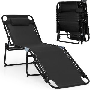 COSTWAY Tumbona plegable de 16 pulgadas de alto reclinable, con respaldo ajustable y reposapiés, color negro COSTWAY Tumbona plegable de 16 pulgadas de alto reclinable, con respaldo ajustable y reposapiés, color negro