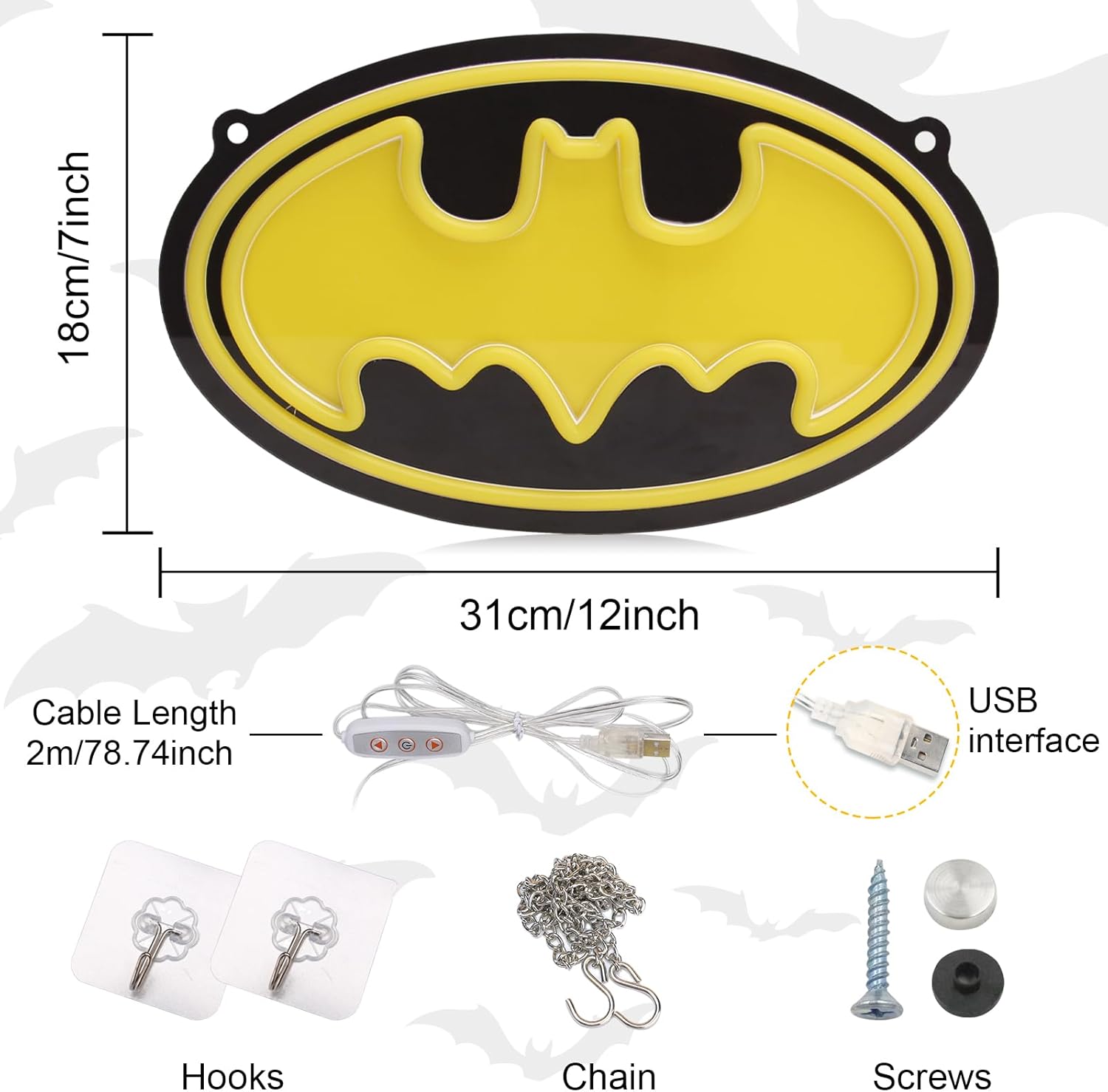 Letrero de neón de Batman con luces LED de neón para hombre, decoración de pared de cueva, dormitorio, fanáticos de superhéroes, jugadores,