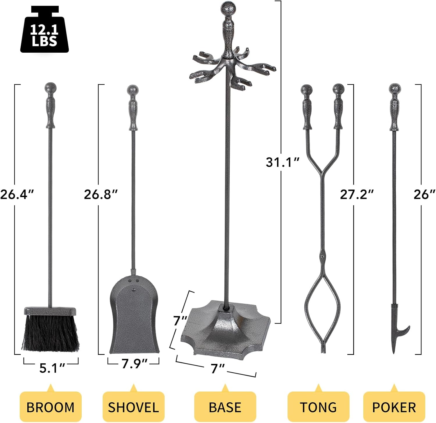 NALONE Juego de 5 herramientas para chimenea, hierro forjado con patrón plateado, accesorios para chimenea con póker, pinzas, pala, cepillo,