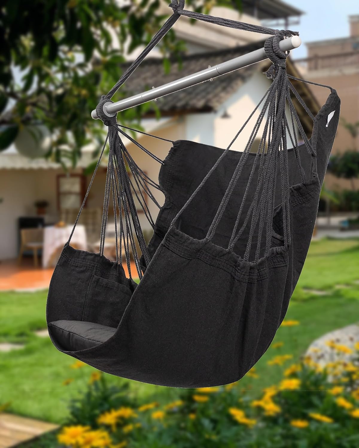 Silla hamaca colgante para interiores con 2 cojines para dormitorio, máximo 500 libras, barra antioxidante con anillos antideslizantes, para
