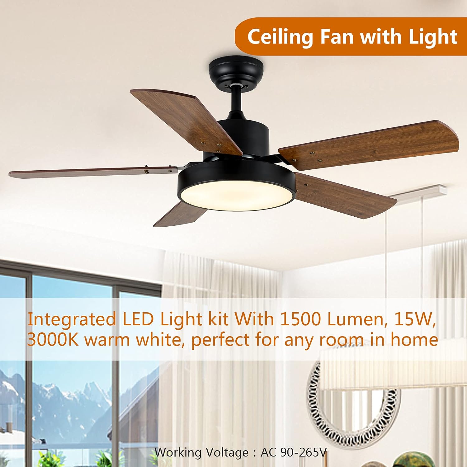 Simple Deluxe Ventiladores de techo de 44 pulgadas con luces y control remoto, ventiladores de techo para exteriores para patios con luz, ventilador