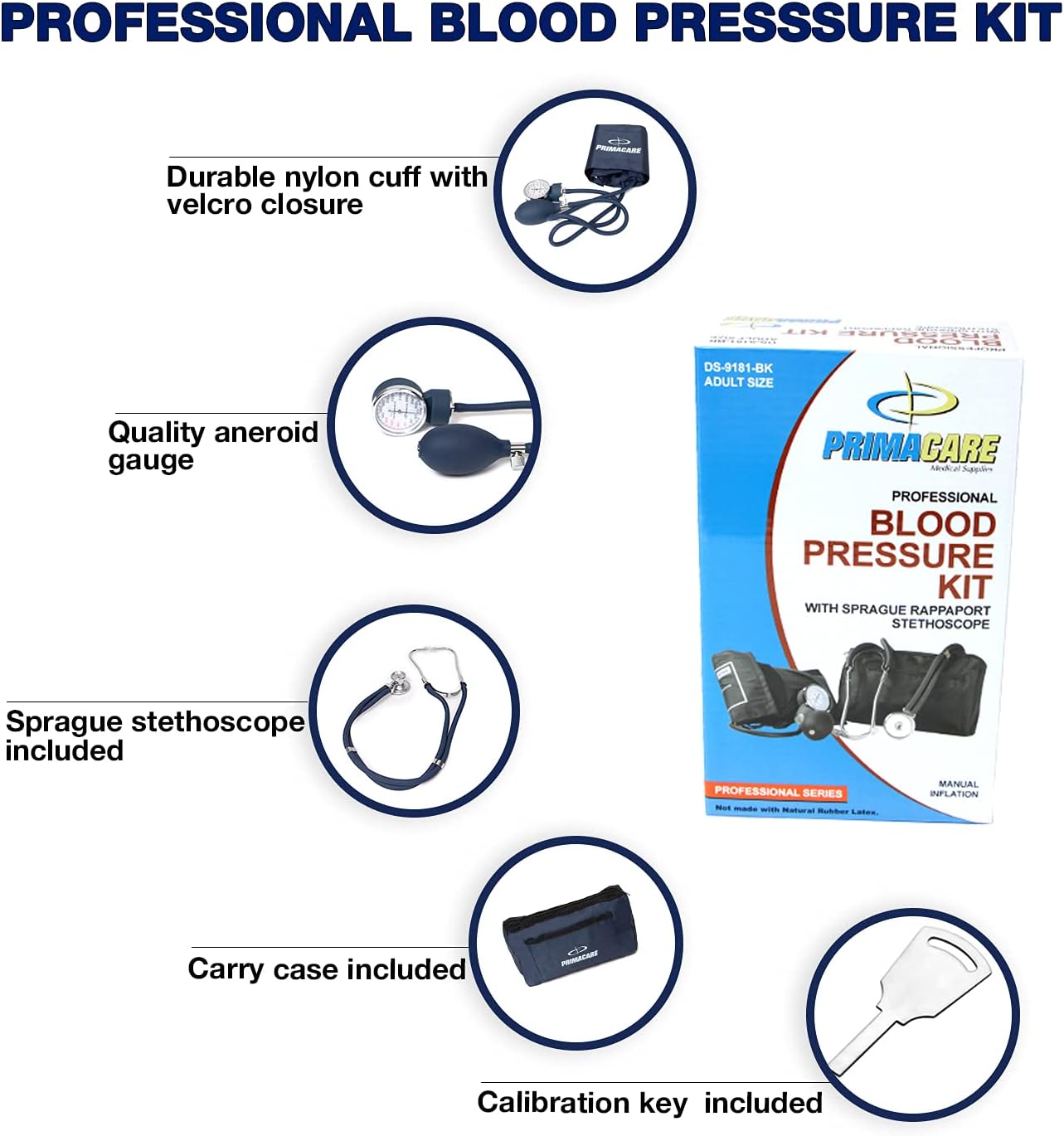 Primacare DS-9181-BL Esfigmomanómetro aneroide profesional y estetoscopio Sprague Rappaport, kit manual de presión arterial con brazalete y estuche