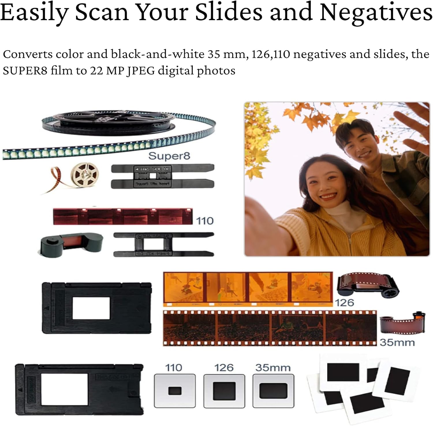 Escáner de película y diapositivas, escáner negativo, visor de película de diapositivas de 12MP con pantalla LCD de 2.0 pulgadas, convierte 135 126