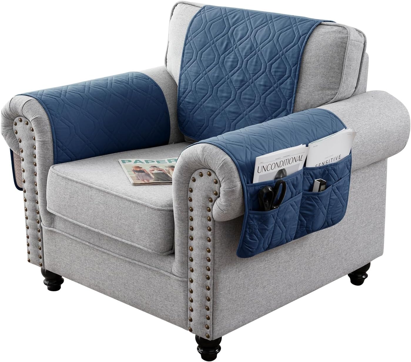 Juego de 3 fundas impermeables para sofá reclinable, funda para reposabrazos y reposacabezas con 6 bolsillos de almacenamiento, protector acolchado