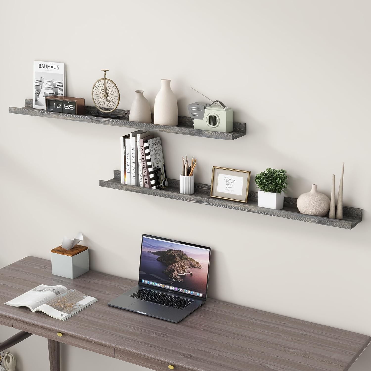 Juego de 2 estantes de pared de 48 pulgadas de ancho, estantes flotantes rústicos de madera de pino maciza para pared para habitación de niños,