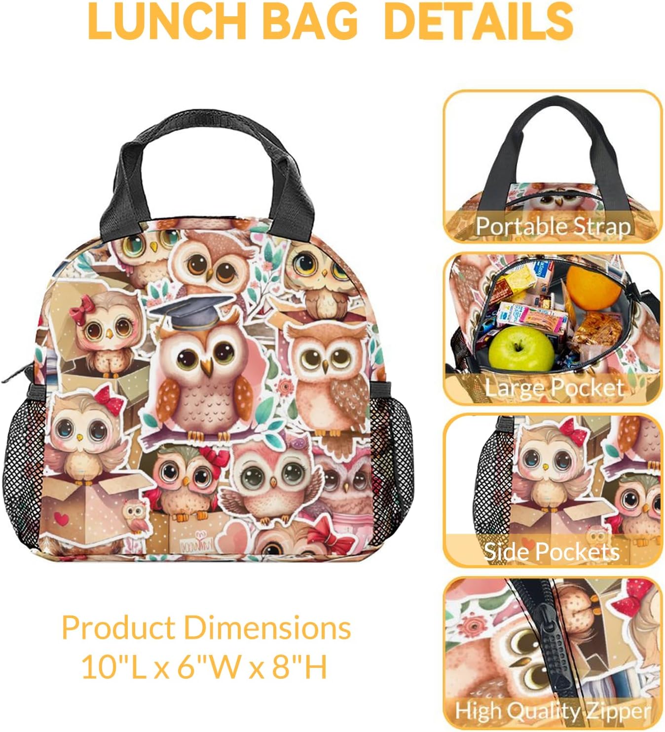 Lonchera con diseño de búho para niñas y niños, reutilizable, aislada, con correa para el hombro, lonchera pequeña, rosa, bonita, ideal para la