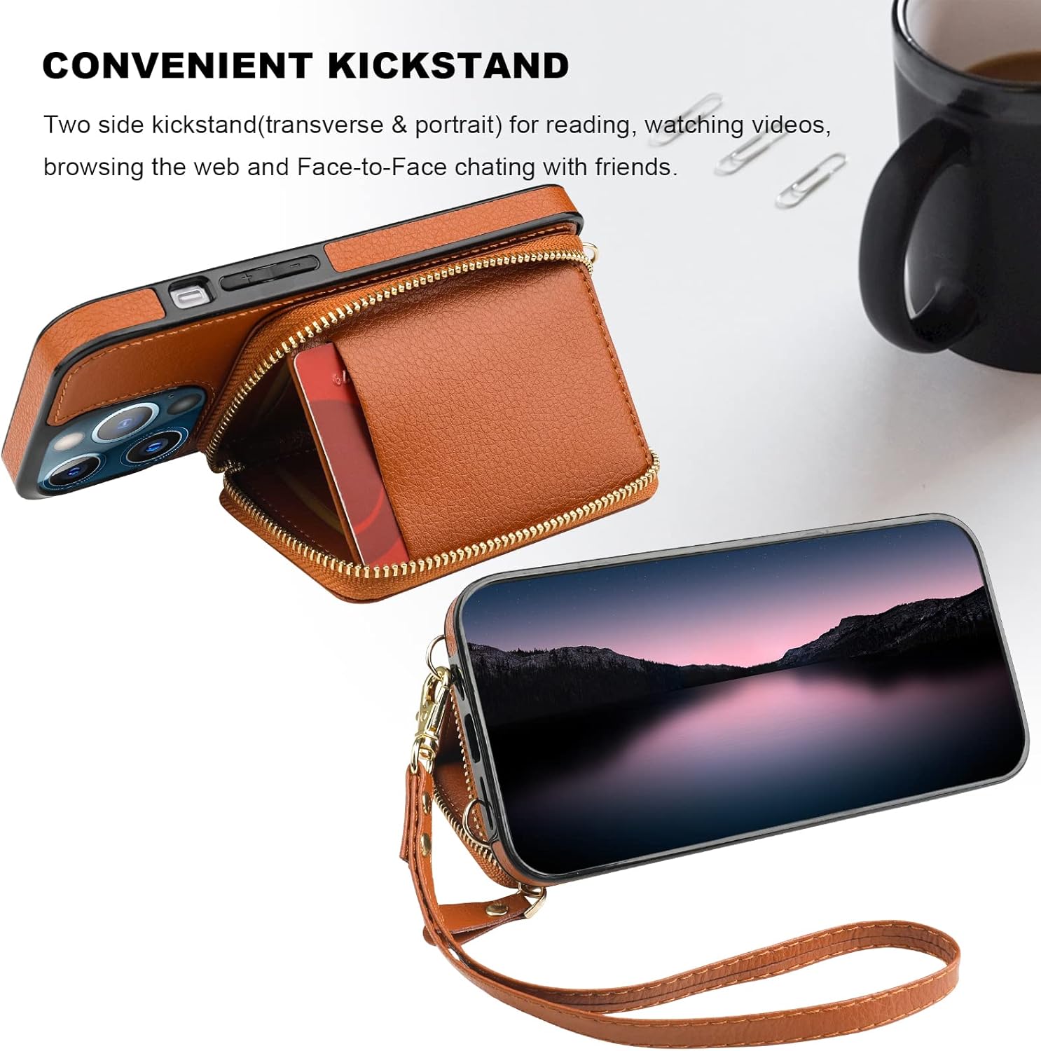 Bocasal Funda tipo cartera con bloqueo RFID para iPhone 13 Pro, funda cruzada ajustable con cremallera, tarjetero con función atril y correa de