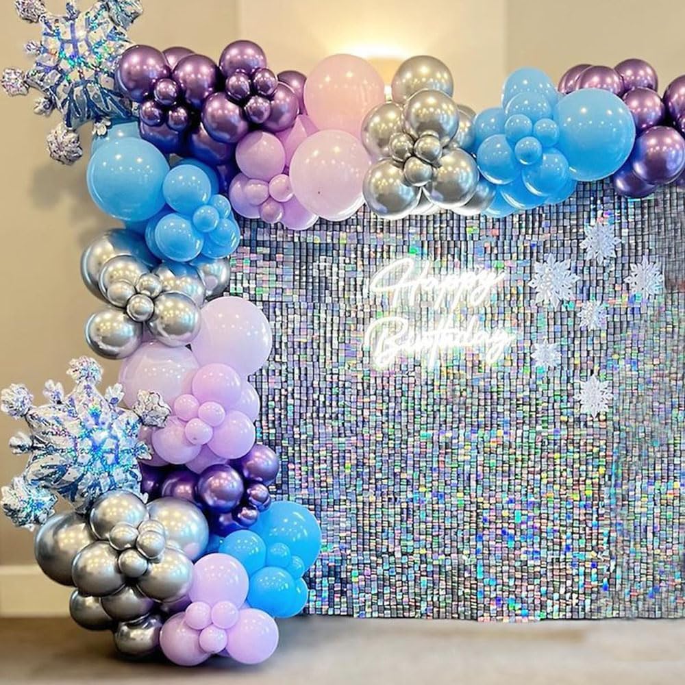 Kit de arco de guirnalda de globos de copo de nieve azul y morado, 148 globos de hielo azul nieve, morado, plateado y blanco para invierno, país de