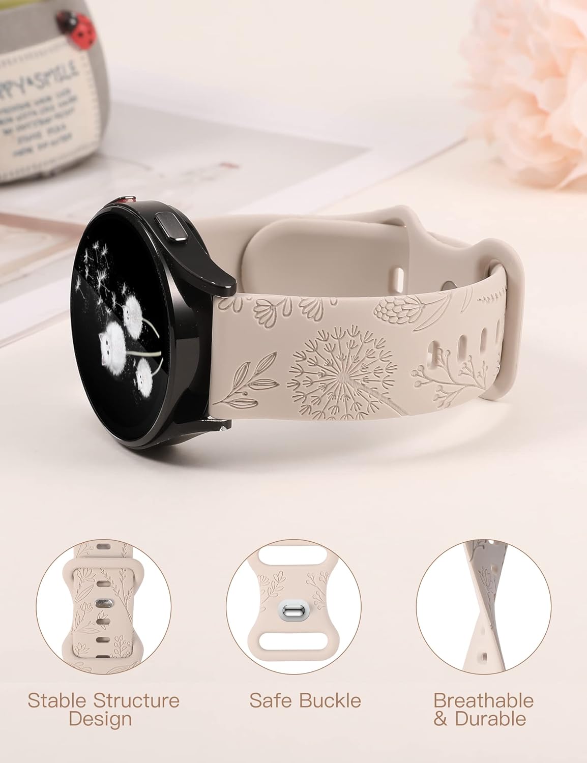 W-RARA Correa deportiva con grabado floral compatible con Samsung Galaxy Watch 654Active 2 de 1.575 pulgadas, 1.732 pulgadas, Watch 5 Pro de 1.772