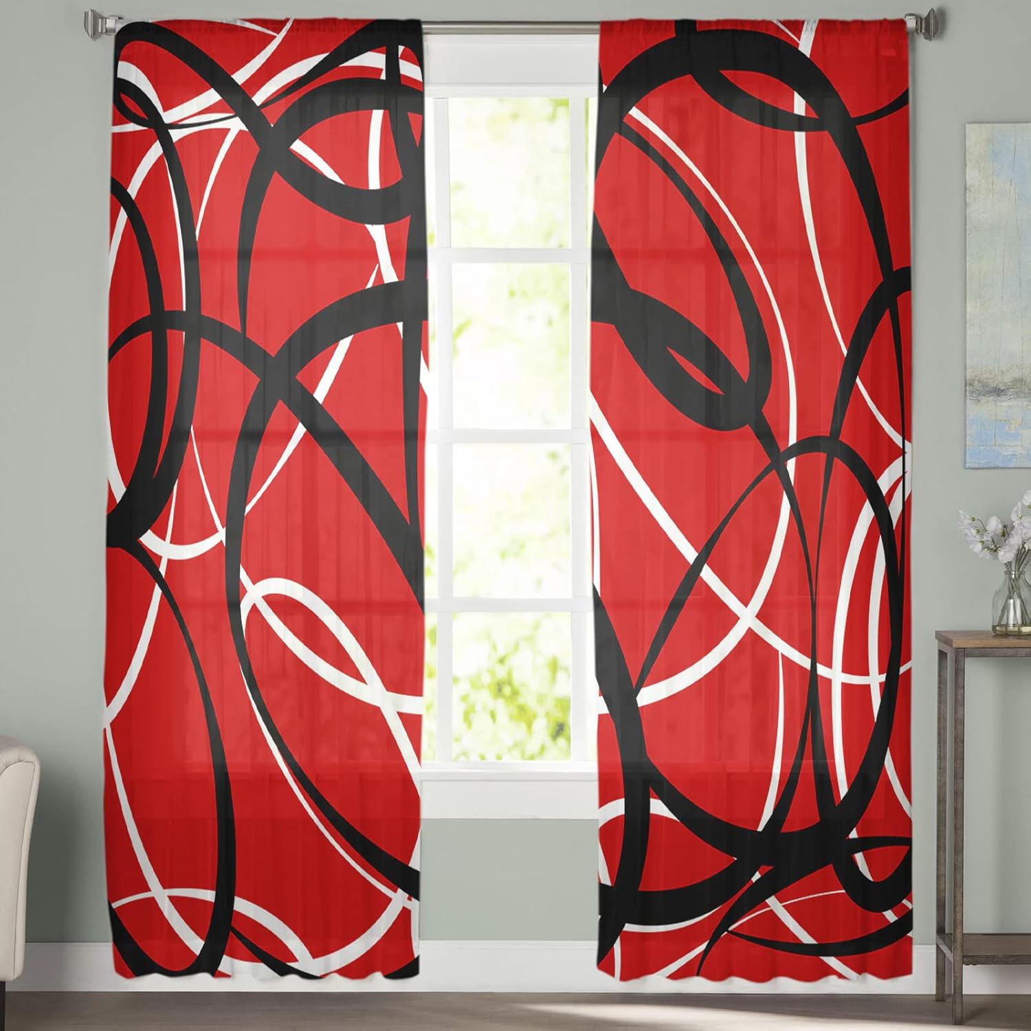 Sheer Curtains 108 Inch Long Red Black White Modern Abstract Art Lines Rod Pocket Voile Semi-Sheer Window Treatment Drapes for Living Room Window