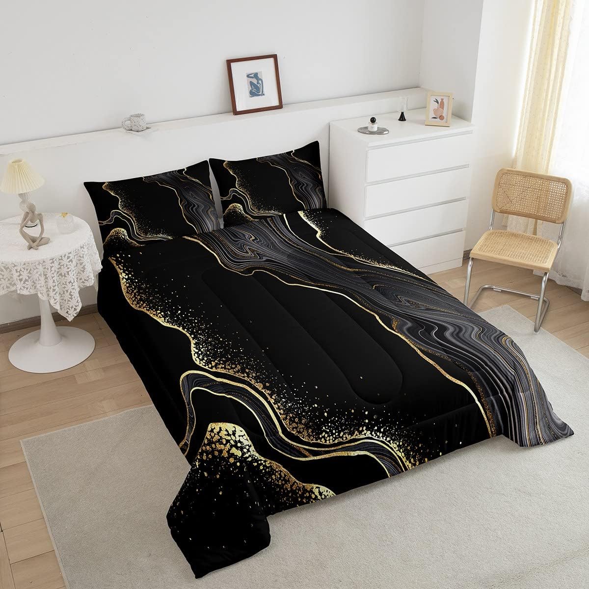 Erosebridal Juego de edredón de mármol negro y dorado, tamaño Queen, juego de ropa de cama de mármol con purpurina, líneas doradas y blancas,