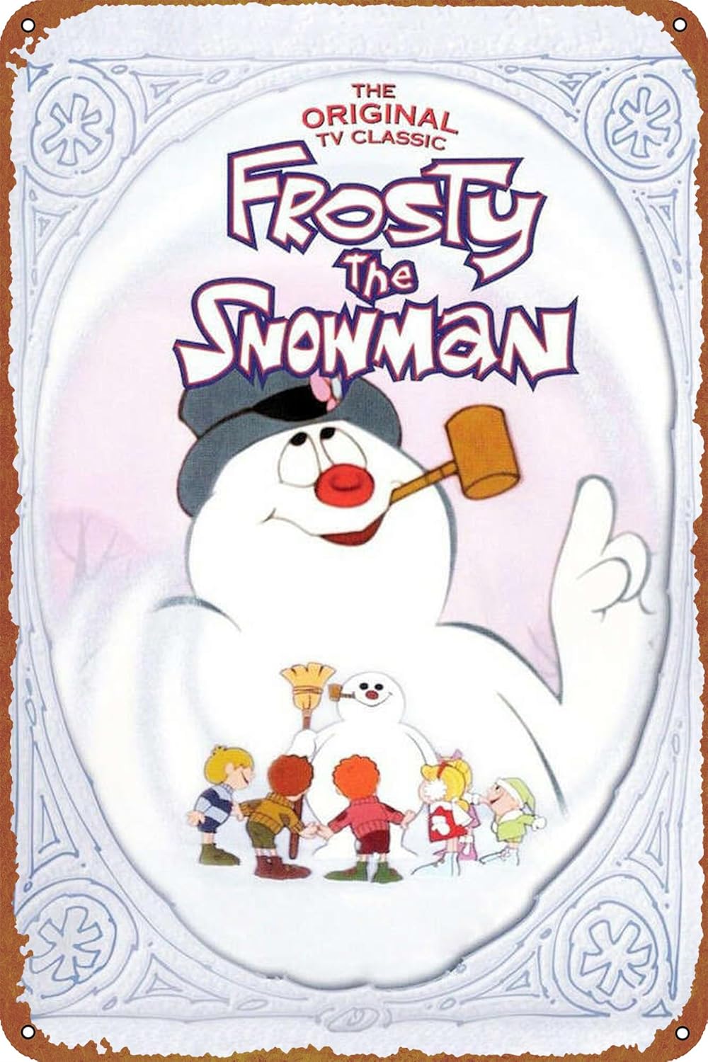 Frosty the Snowman – Cartel de metal de hojalata vintage, decoración de pared para sala de estar, baño, cocina, póster de película, 8 x 12 pulgadas