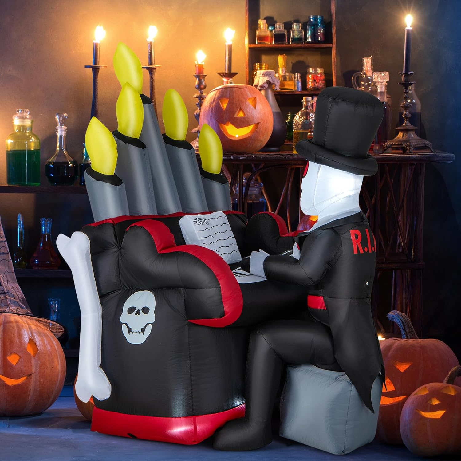 Tangkula Piano inflable de esqueleto de Halloween de 5.2 pies, decoración al aire libre con altavoz Bluetooth y 4 luces LED, decoración de patio