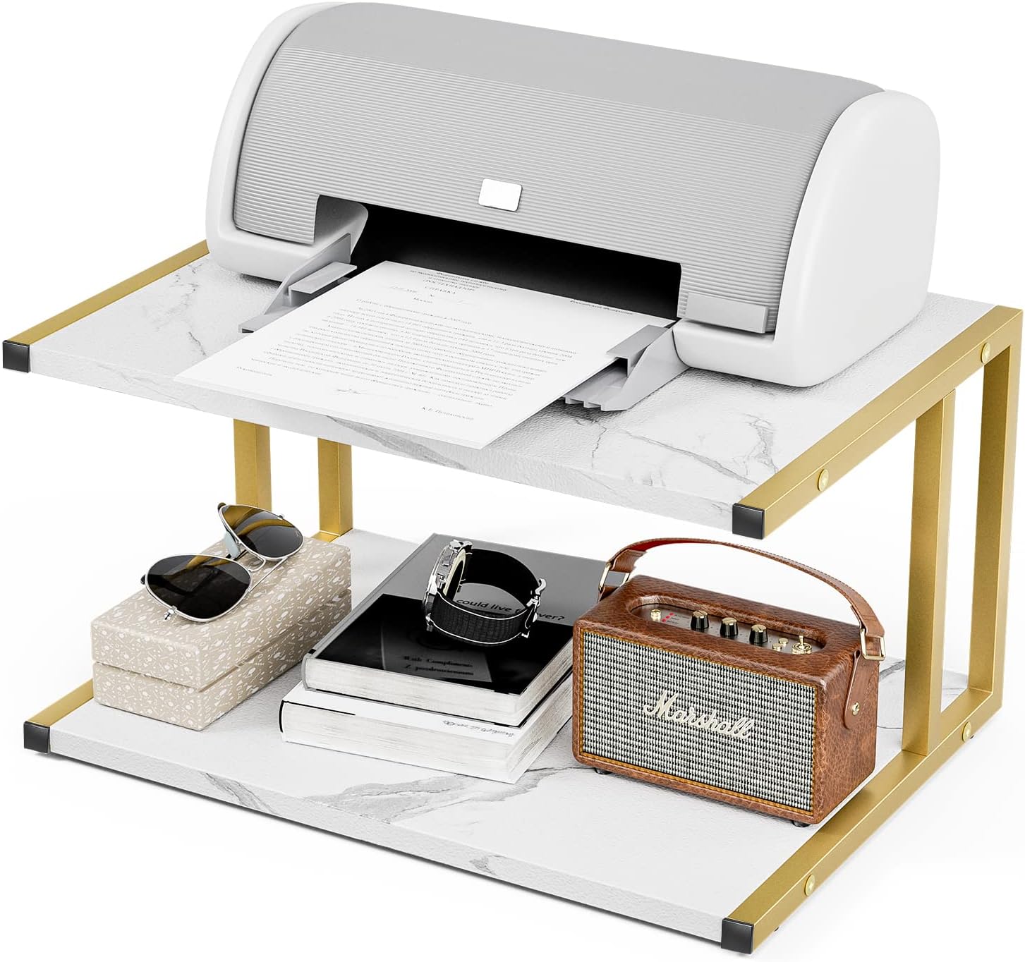 Soporte de impresora de 2 niveles, soporte de impresora de escritorio con marco de metal reforzado, estante de impresora de diseño blanco mármol