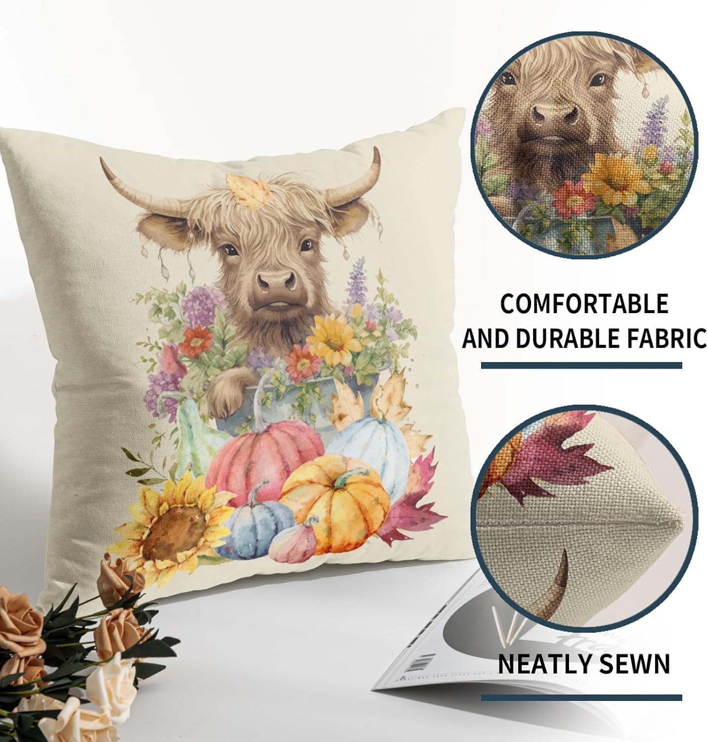 Juego de 2 fundas de almohada de otoño de 18 x 18 pulgadas, diseño colorido de calabaza, girasol, vaca, para exteriores, para Acción de Gracias,
