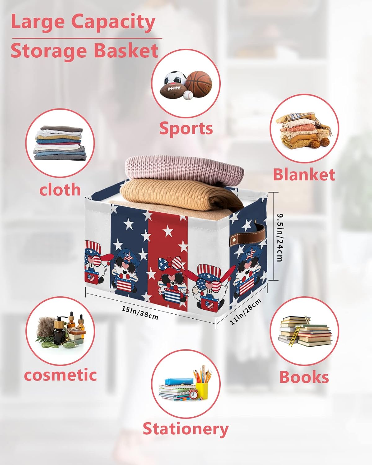 Cesta de almacenamiento para organizar estantes, cajas plegables con asa, gnomos del día de la independencia, estrella, rojo, blanco, azul, rayas,