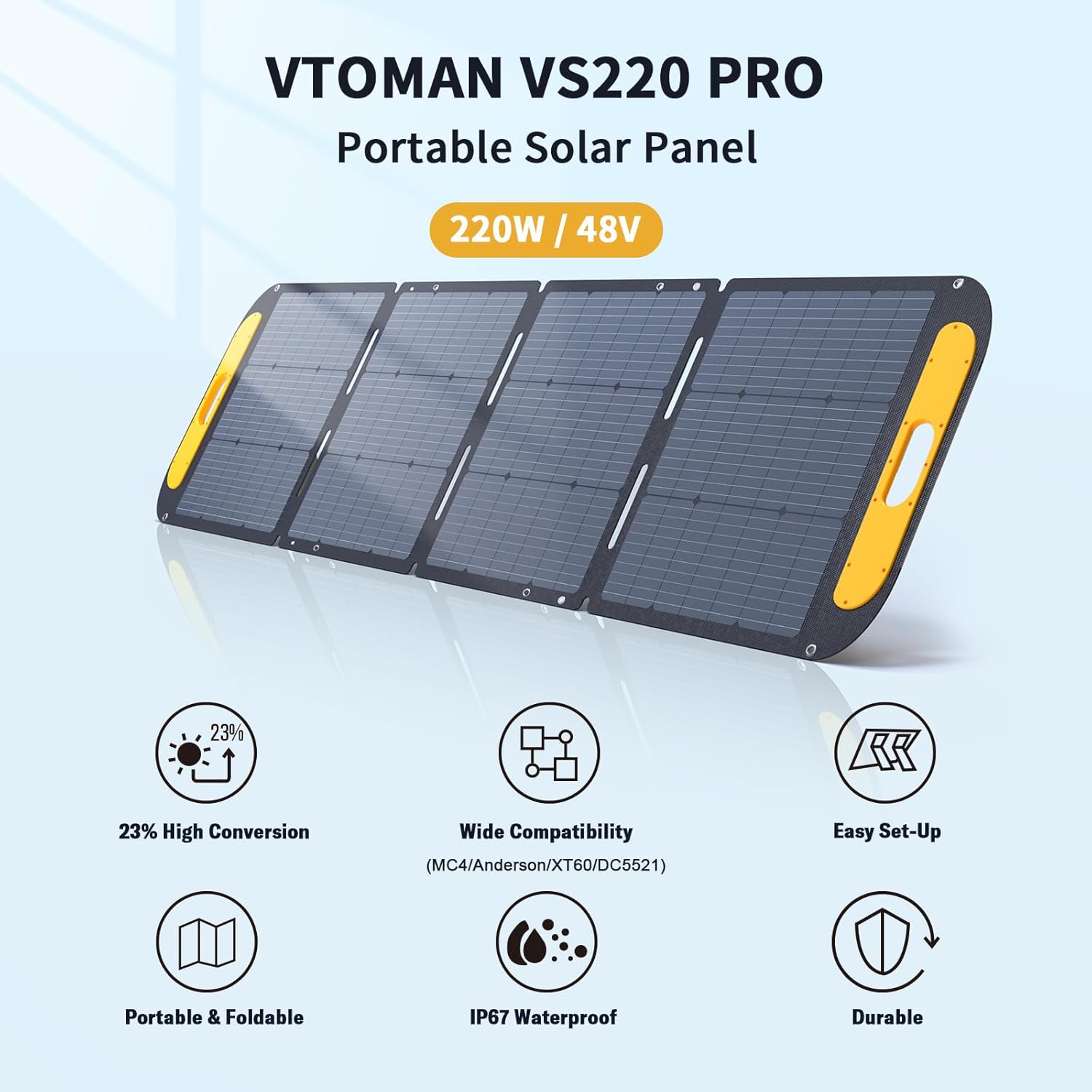 VTOMAN VS220 Pro Panel solar portátil de 220 W 48 V, 23% de eficiencia, panel solar plegable con impermeabilidad IP67 y adaptadores MC-4 Anderson