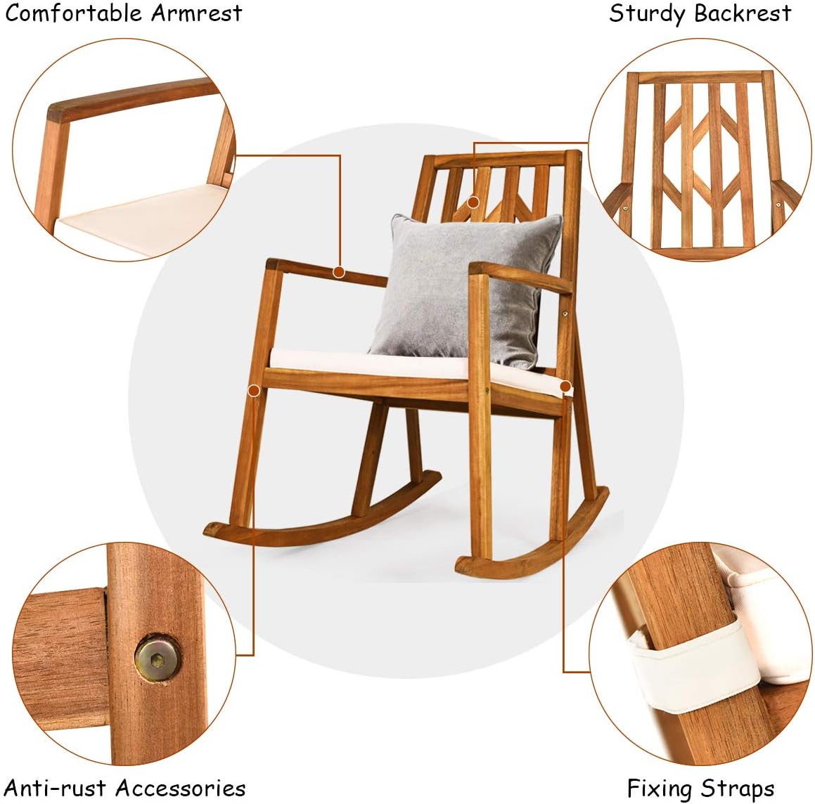 RELAX4LIFE Mecedora de madera para exteriores  Mecedora de patio de gran tamaño con respaldo alto, reposabrazos largo, cojín suave extraíble,