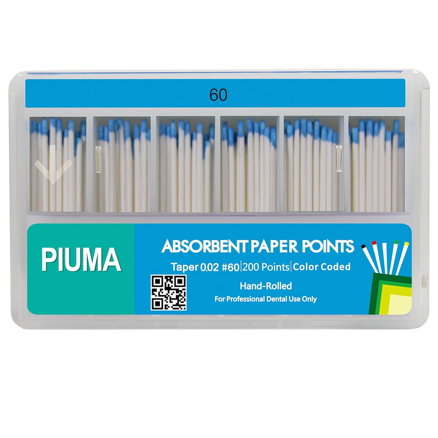 200 puntos de papel absorbente Piuma de grado dental #60 de varios tamaños  Tapper para endodoncia endodóntica dental, estéril, tamaños mixtos