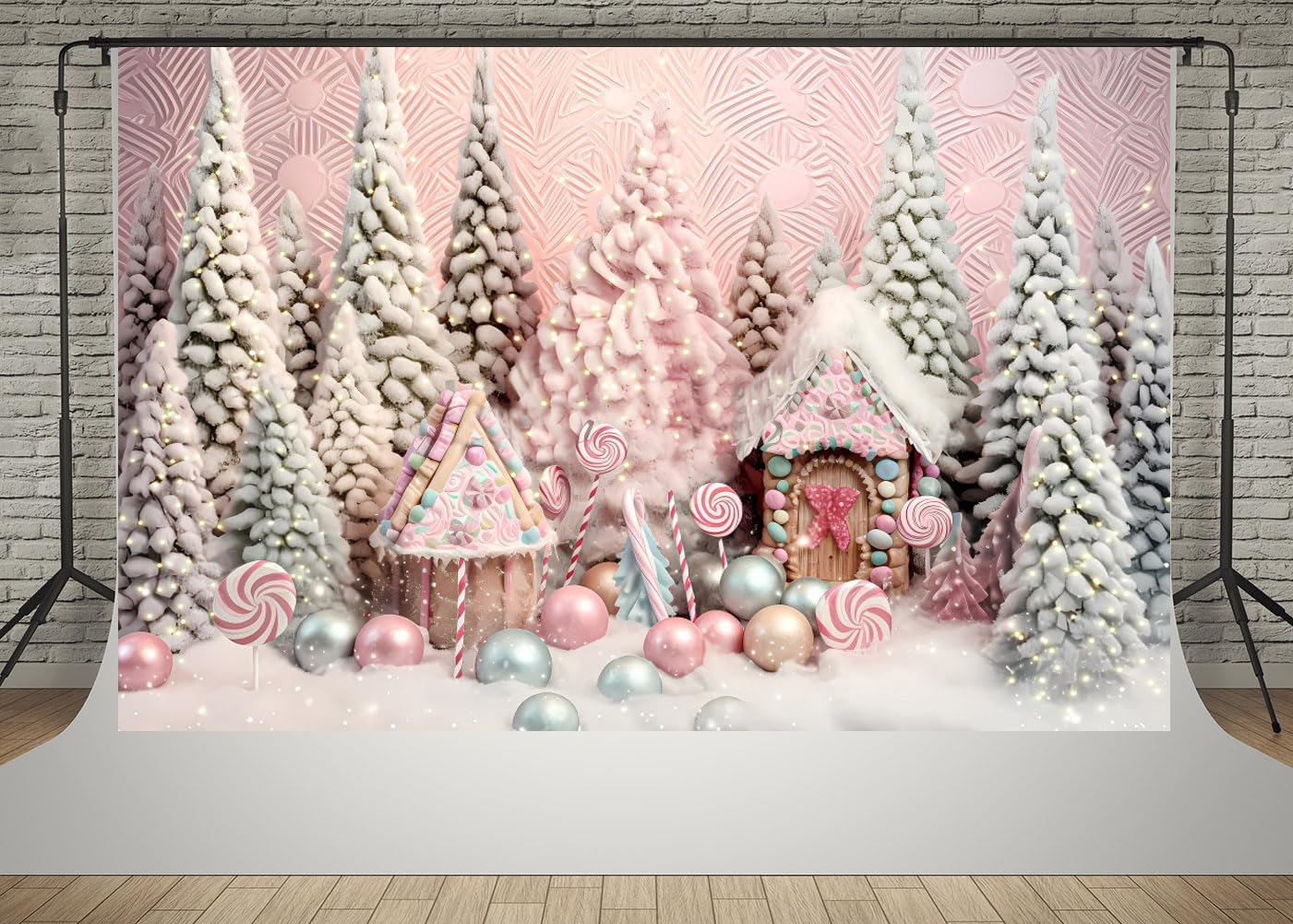 Kate Decoración interior del árbol de Navidad de 7 x 5 pies Fondos de fotografía de pan de jengibre Candy House Pink Christmas Party Theme Kids