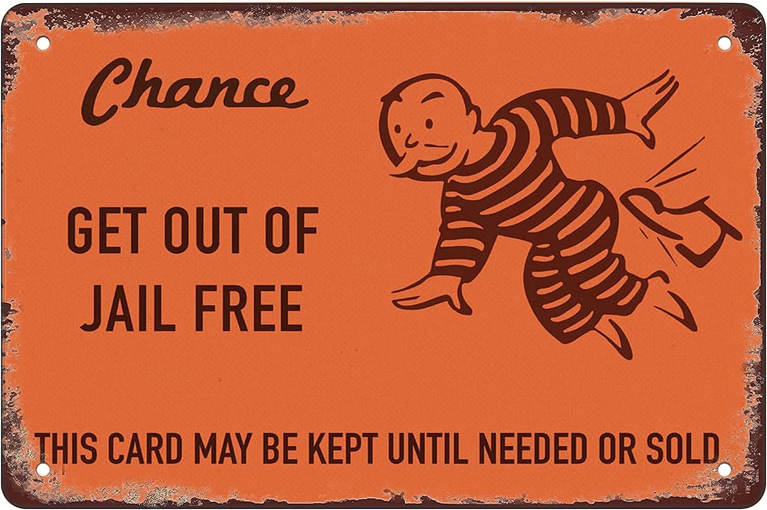 Cartel de metal con texto en inglés chance card de monopolio Get out of Jail Free, decoración divertida para el hogar, cocina, bar, habitación,