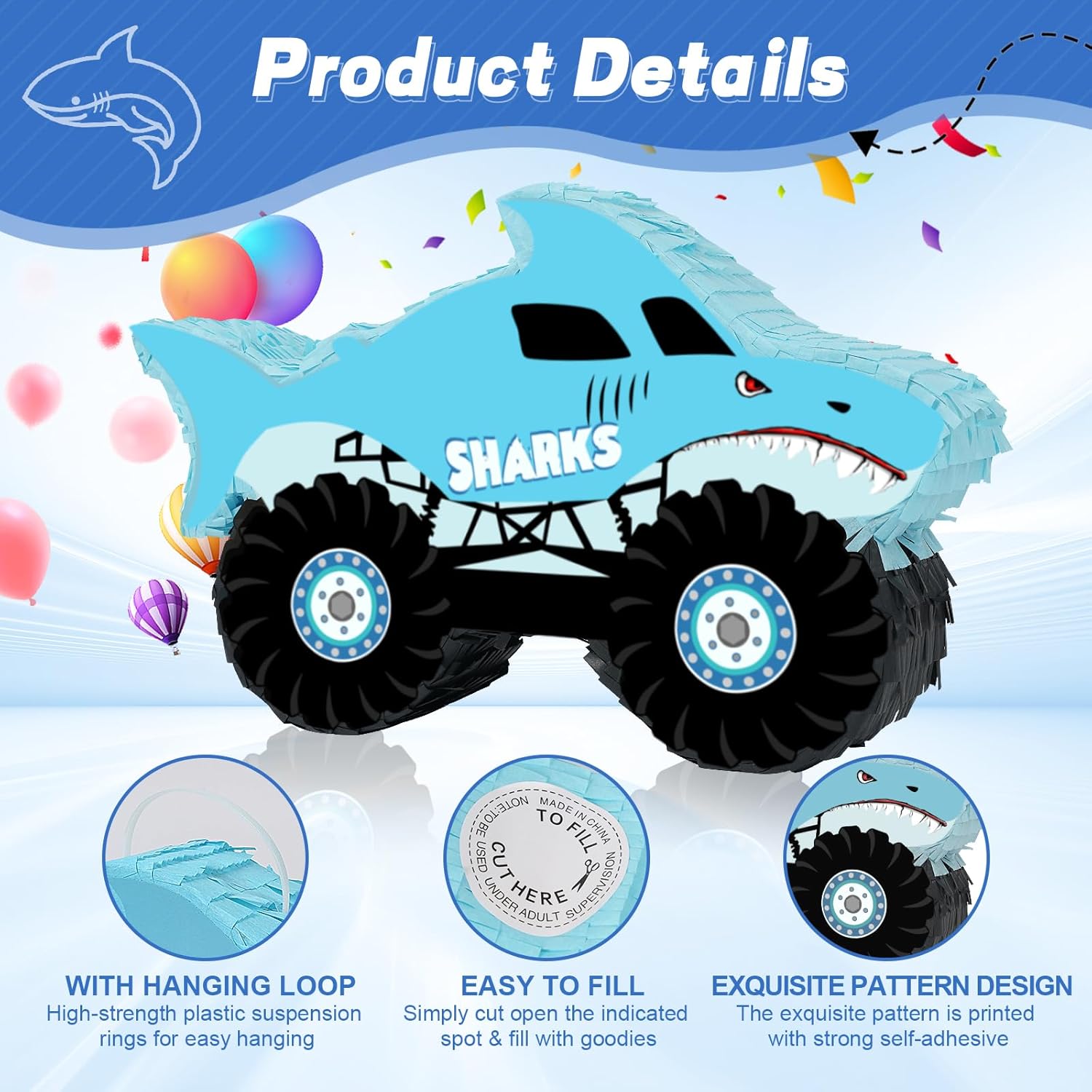 Piñata de camión de tiburón, piñata de camión monstruo con venda y murciélago para niños, decoración de juegos de fiesta de cumpleaños temática de
