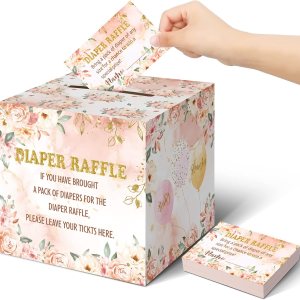 Teling 51 boletos para rifas de pañales con caja de tarjetas, decoración de baby shower, caja de soporte para baby shower, para fiesta de rifas de Teling 51 boletos para rifas de pañales con caja de tarjetas, decoración de baby shower, caja de soporte para baby shower, para fiesta de rifas de