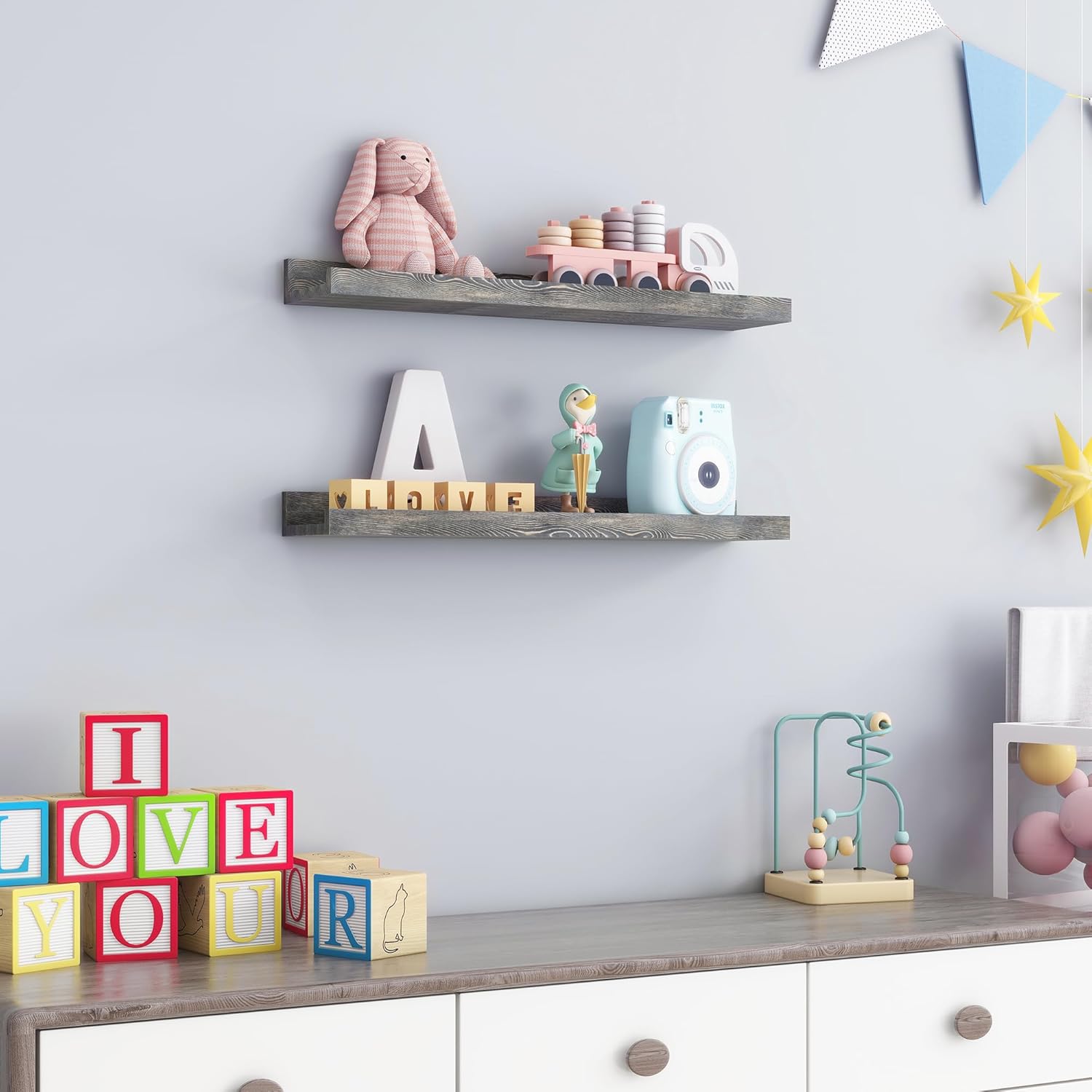 Juego de 2 estantes de pared de 24 pulgadas de ancho, estantes flotantes rústicos de madera de pino maciza para pared para habitación de niños,