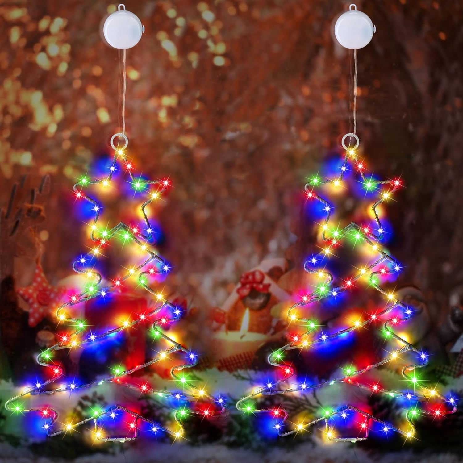 DANLI Decoraciones de Navidad para ventana, marco de hierro, luces de árbol de Navidad con ventosa, temporizador, funciona con pilas, luces de