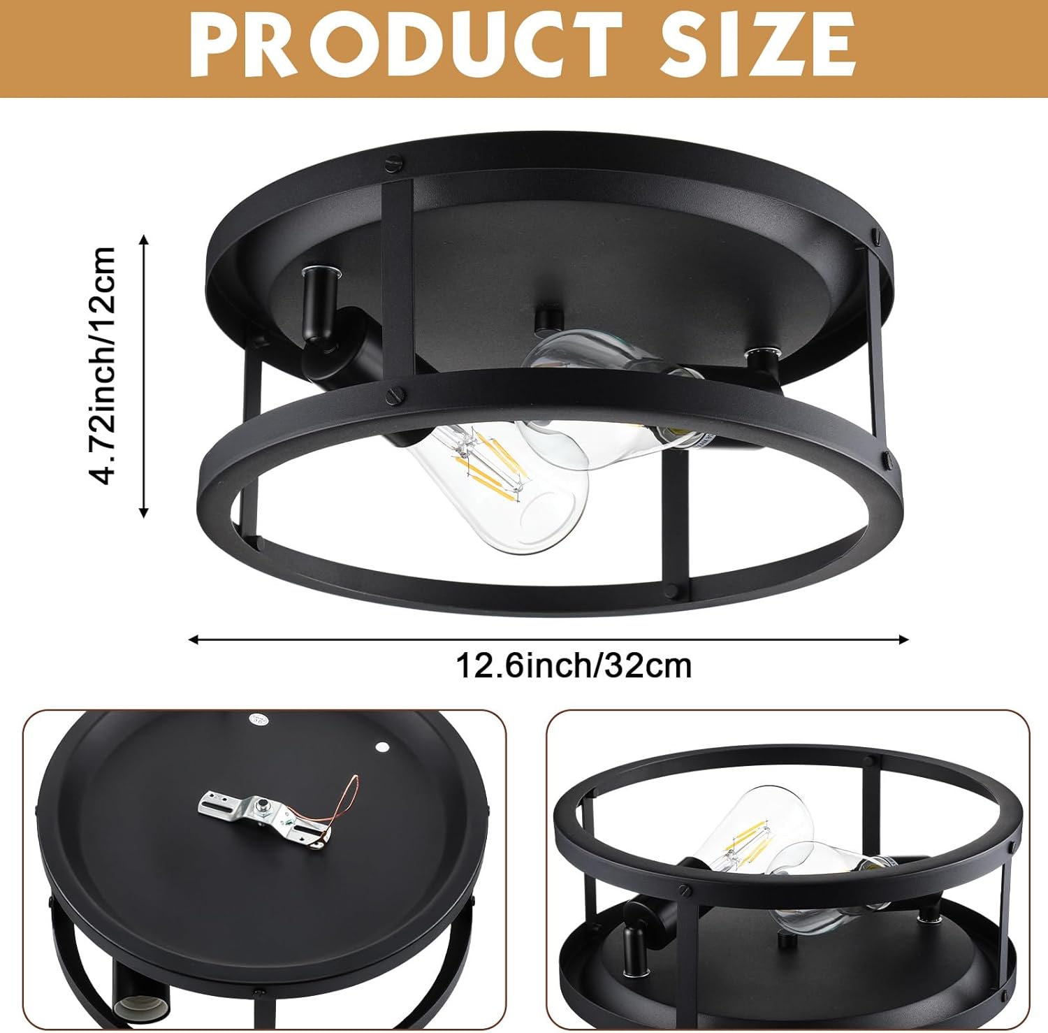 4 luces de techo de montaje empotrado, luces de granja negras industriales de metal para dormitorio, entrada, pasillo, cocina, base E26, bombillas