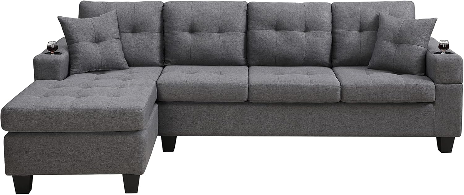 Sofá modular moderno en forma de L, sofá tapizado de tela con diván reversible y 2 portavasos, para sala de estar pequeña, color gris