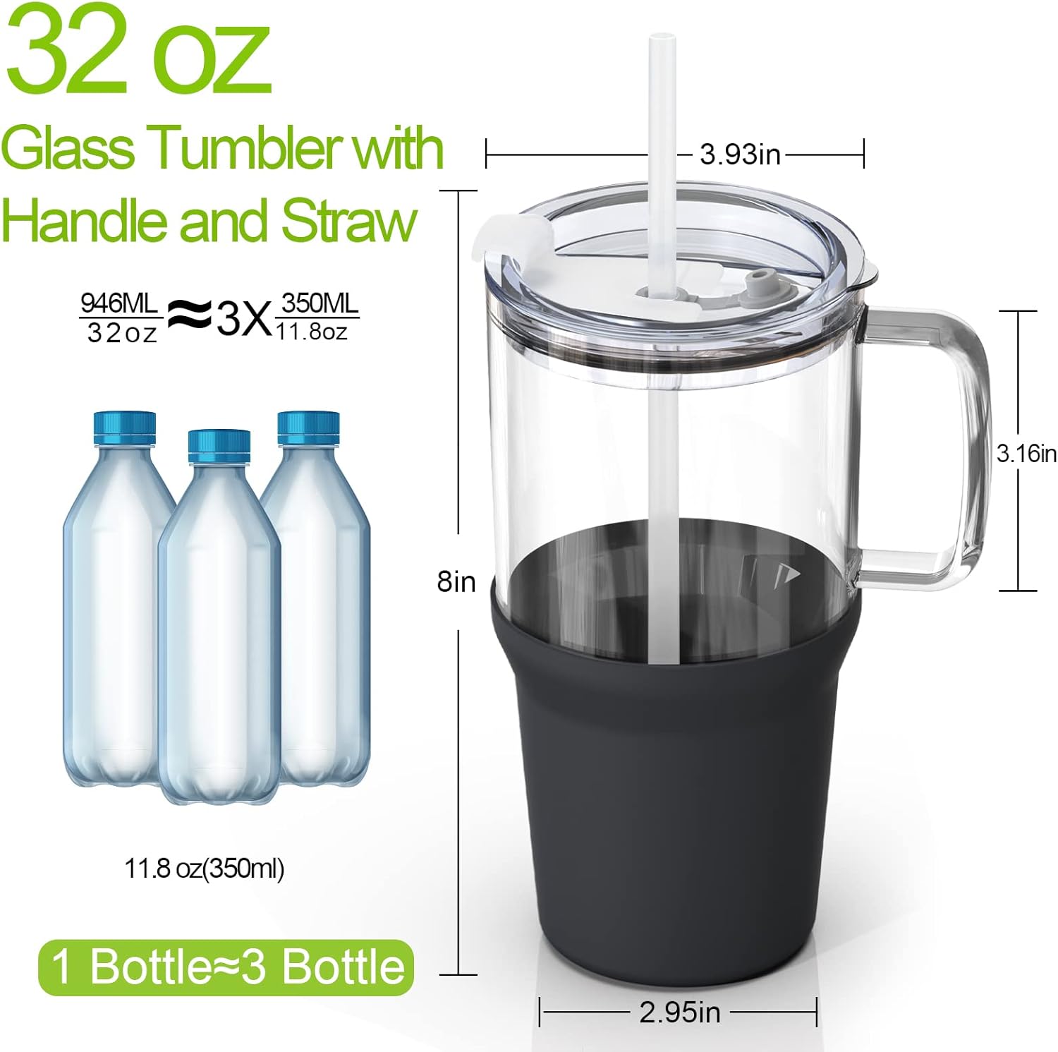 Zenbo Vaso de vidrio con tapa y popote, taza de café helado de 32 onzas con asa, botellas de agua de vidrio con funda de silicona, taza de vidrio