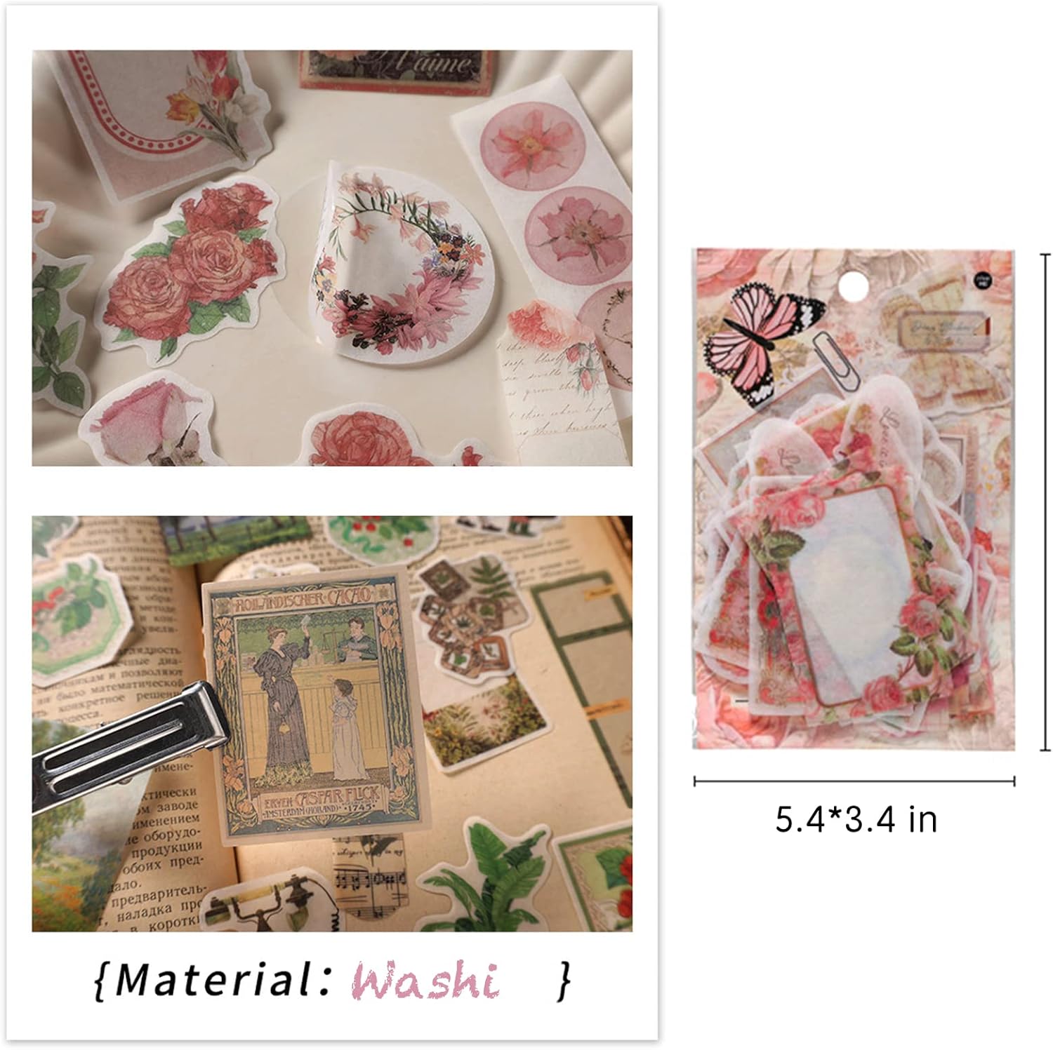Aromoty Calcomanías vintage de Washi para álbumes de recortes, 100 piezas estéticas de Ephemera Scrapbooking, diario de basura estacionaria para