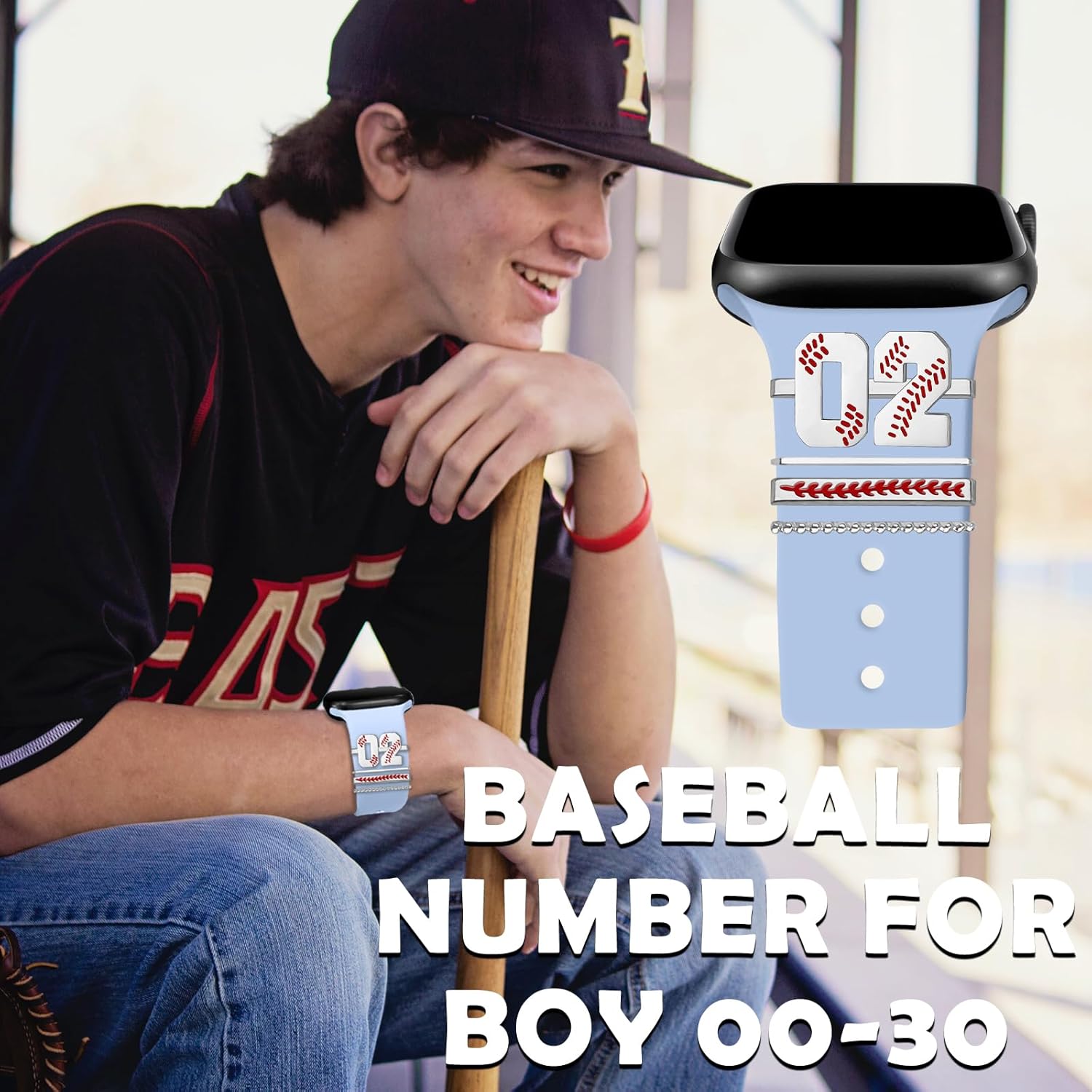 Dijes de reloj de béisbol con números para niños de 00 a 30 atletas de números decorativos compatibles con accesorios de Apple Watch de 1.772 in,