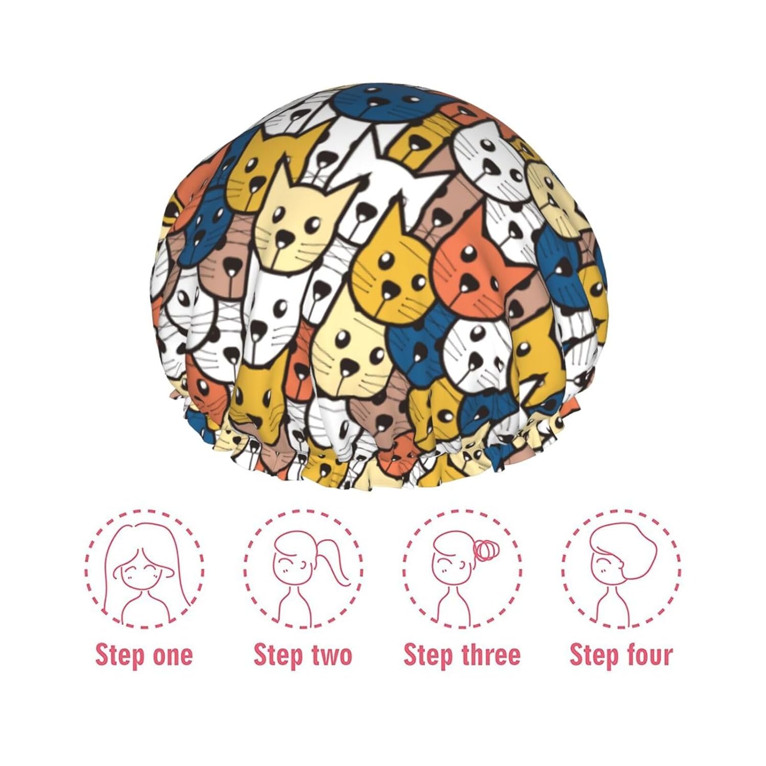 Cat Face Shower Cap Reusable Waterproof,Shower Caps For Women With Double Hair Caps,Bathing Cap Hair Cap For Shower