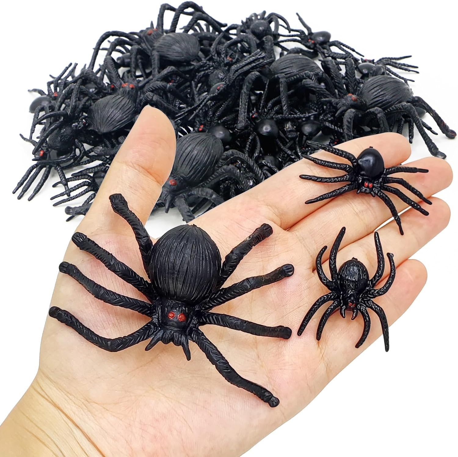 50 arañas de plástico para Halloween, arañas falsas de tres tamaños, broma de Halloween, juguetes de broma para decoraciones de Halloween