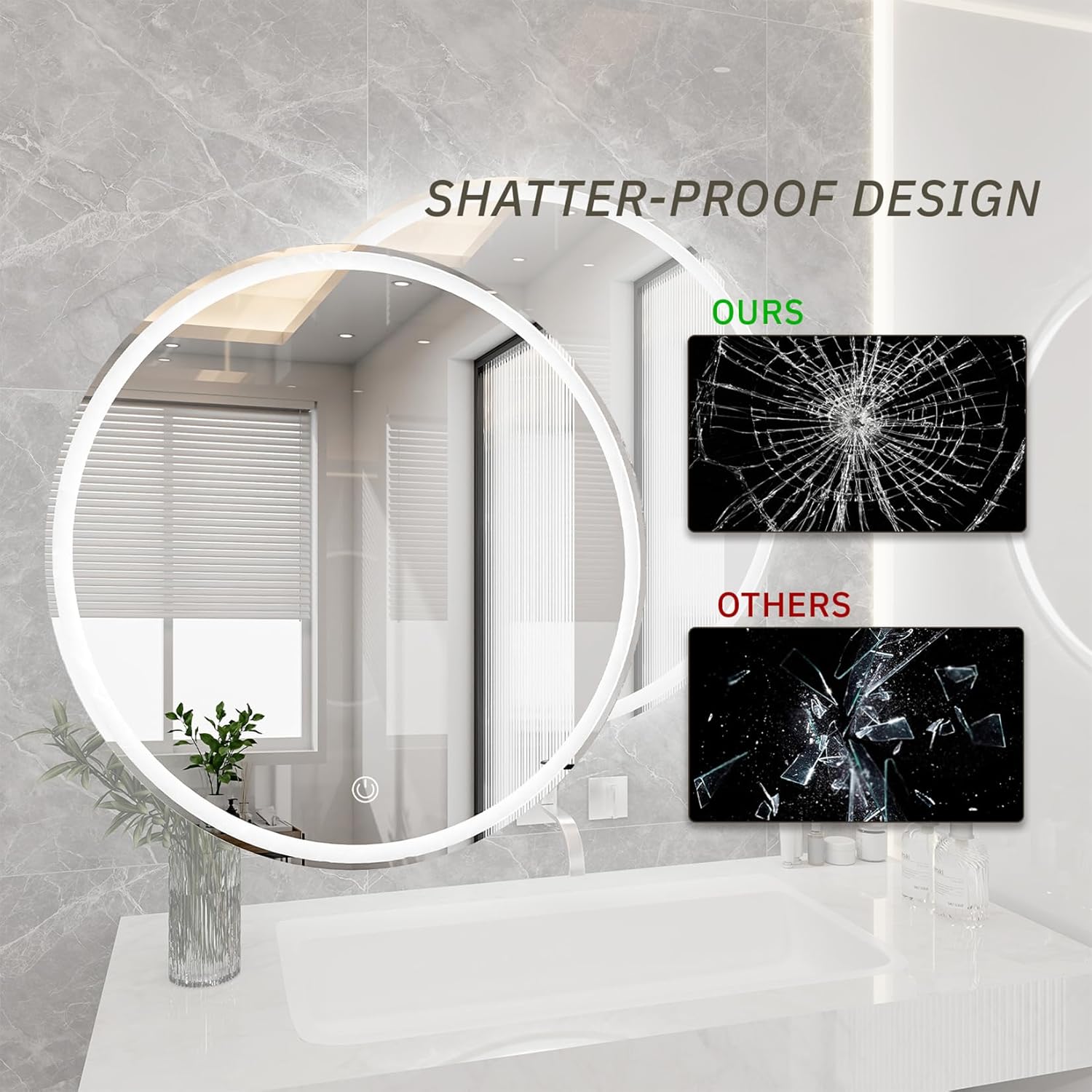 Espejo redondo de tocador con luces de 24 pulgadas para baño, espejos circulares iluminados con película inastillable para decoración de pared,