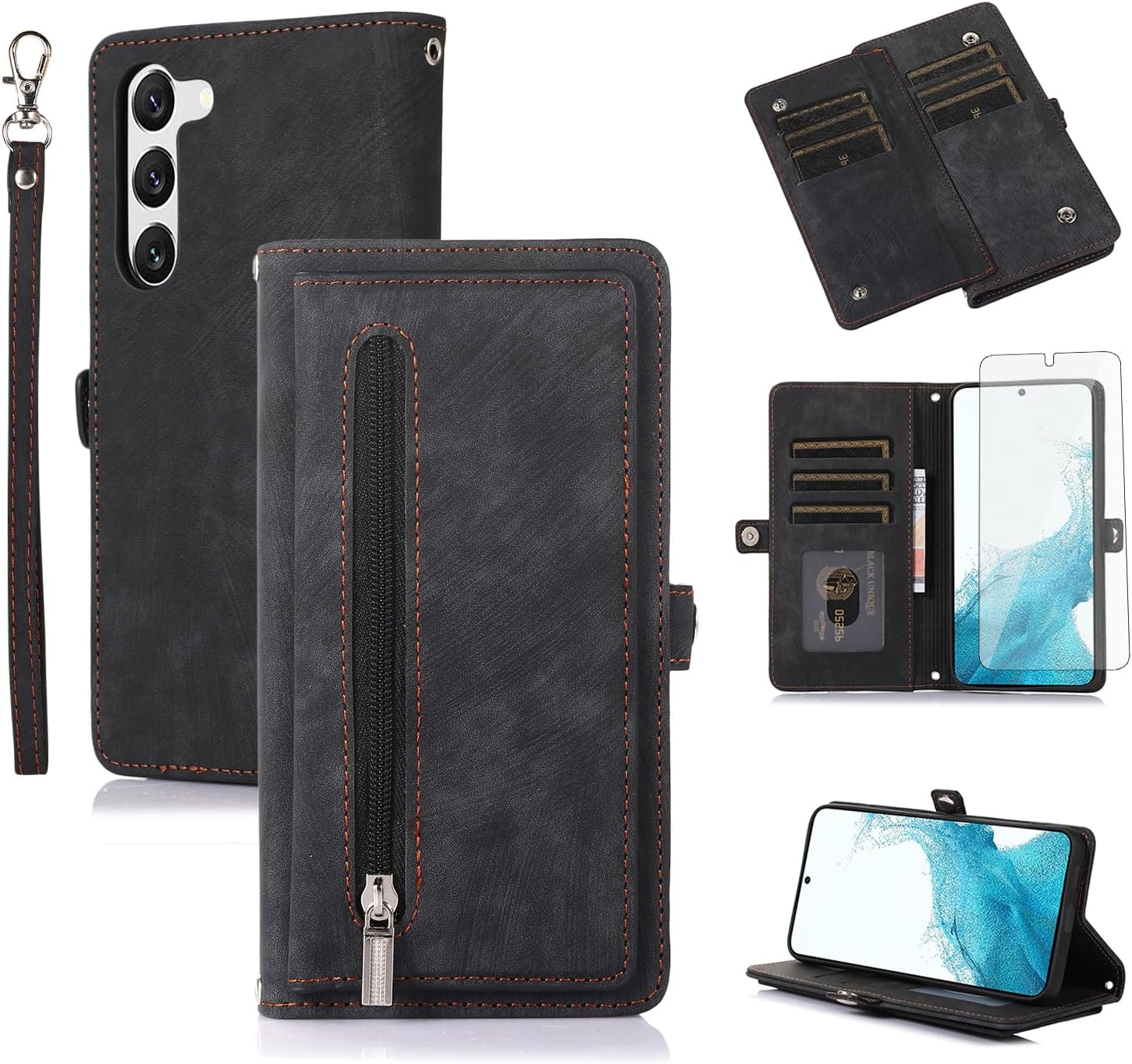 Asuwish Funda de teléfono para Samsung Galaxy S23 5G con protector de pantalla de vidrio templado y cremallera abatible de cuero, soporte para