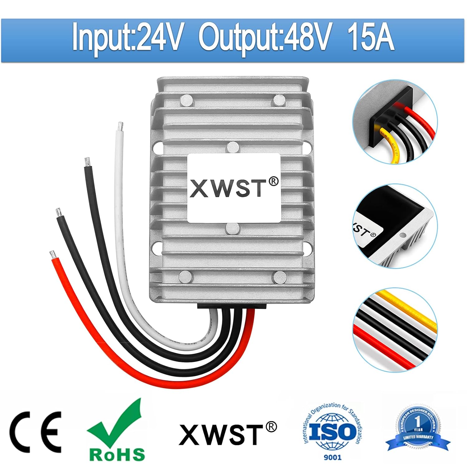 XWST DC 24 V Paso hasta 48 V 15 A 720 W Convertidor de voltaje, regulador de 48 voltios impermeable DCDC Boost transformador fuente de alimentación
