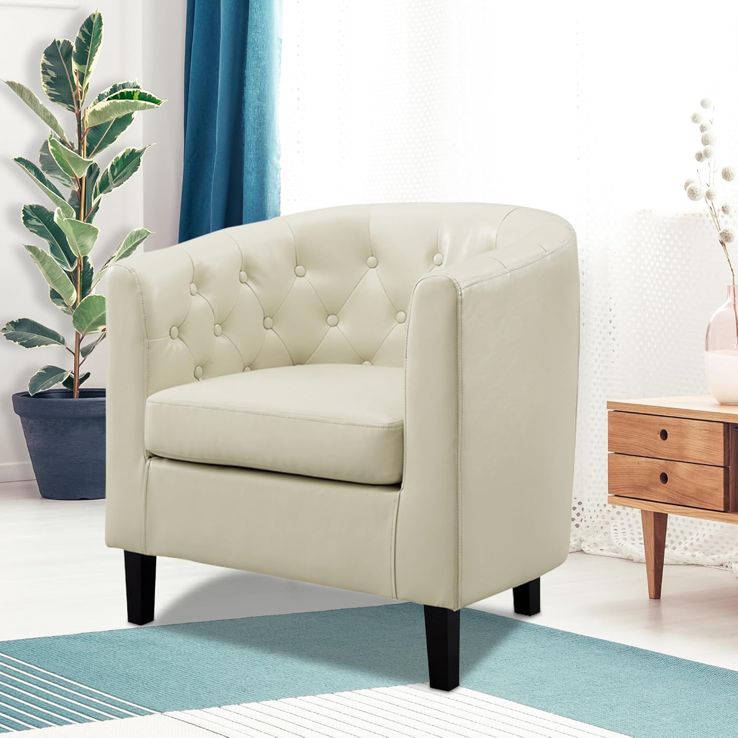 Emma – Silla decorativa, silla de barril de piel sintética copetuda con botones, silla decorativa moderna de mediados de siglo, sillón cómodo,