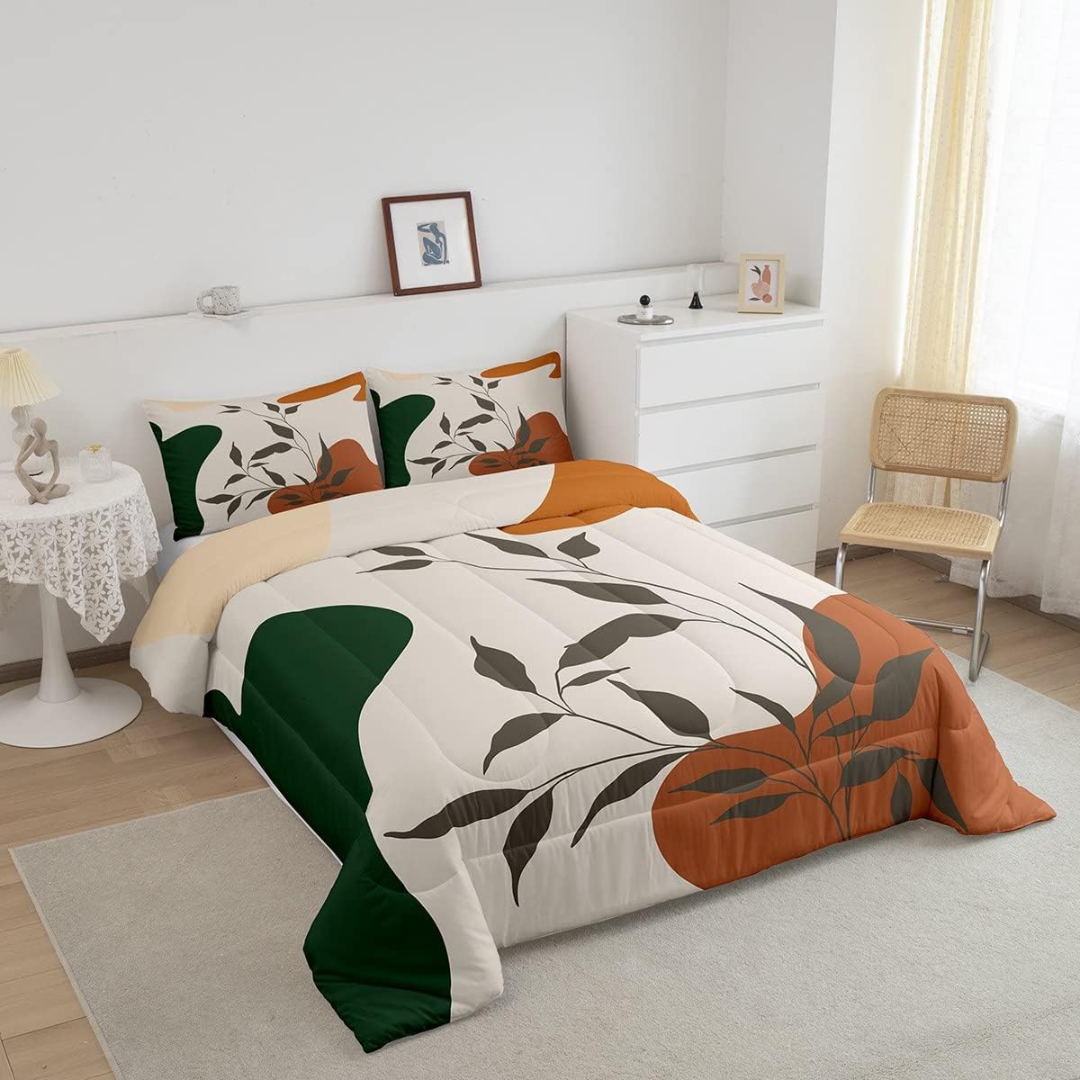 Juego de edredón de hojas, tamaño King, color naranja y verde, juego de ropa de cama para niños y niñas, retro, exótico, arte moderno, abstracto,
