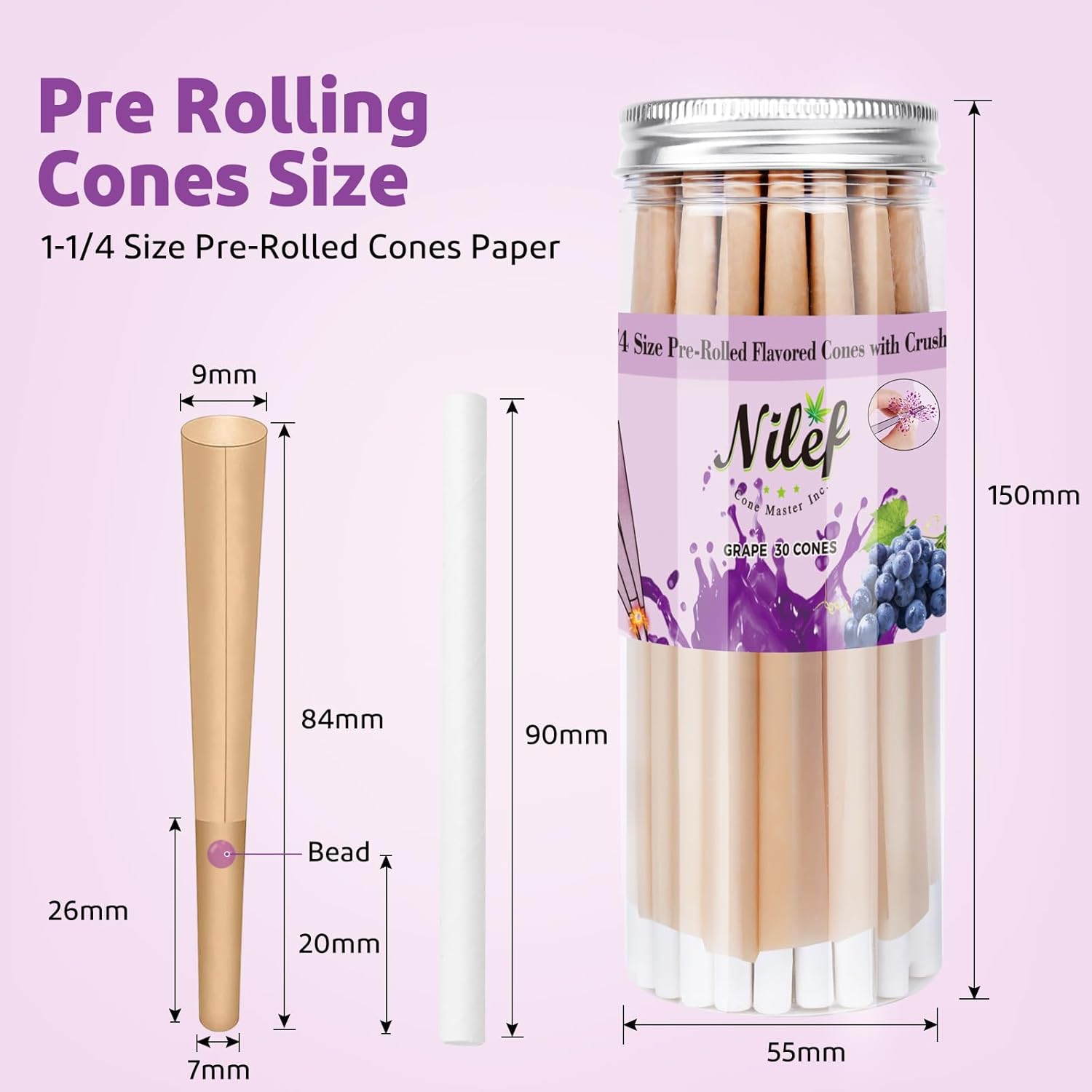 Conos preenrollados 1-14 con cuentas de sabor a uva reventadas (30 paquetes de conos pop)  Conos rodantes sin refinar envolturas de papel de