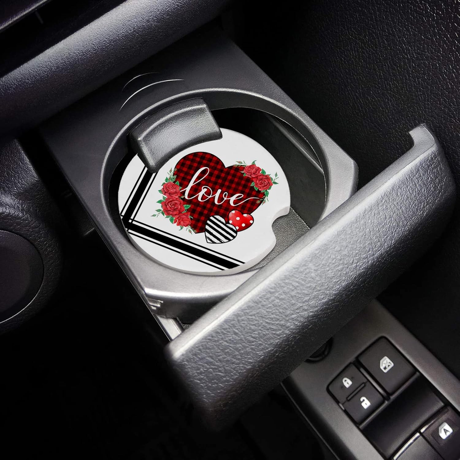 2 Packs Car Cup Holder Coaster, Valentine’s Day Rose Flower Love Heart Buffalo Plaid Stripe Universal Fashion Car Cup Holders for Women Men