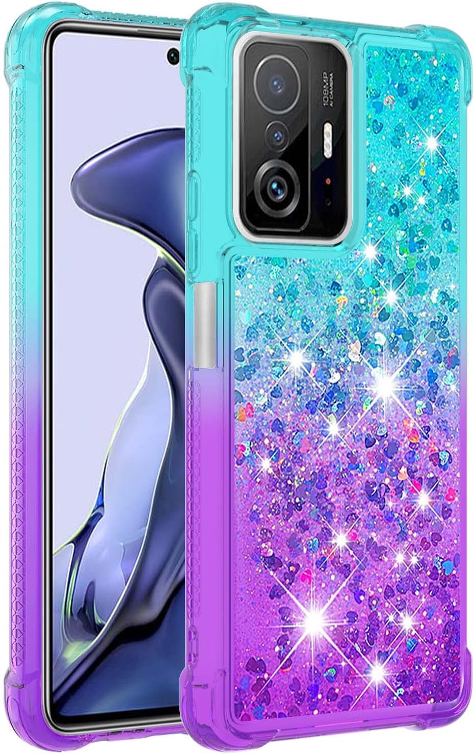 Funda para Xiaomi Mi 11T Pro con protector de pantalla de vidrio templado Quicksand Liquid Transparent Glitter Bling Tough Silicone Bumper Crystal