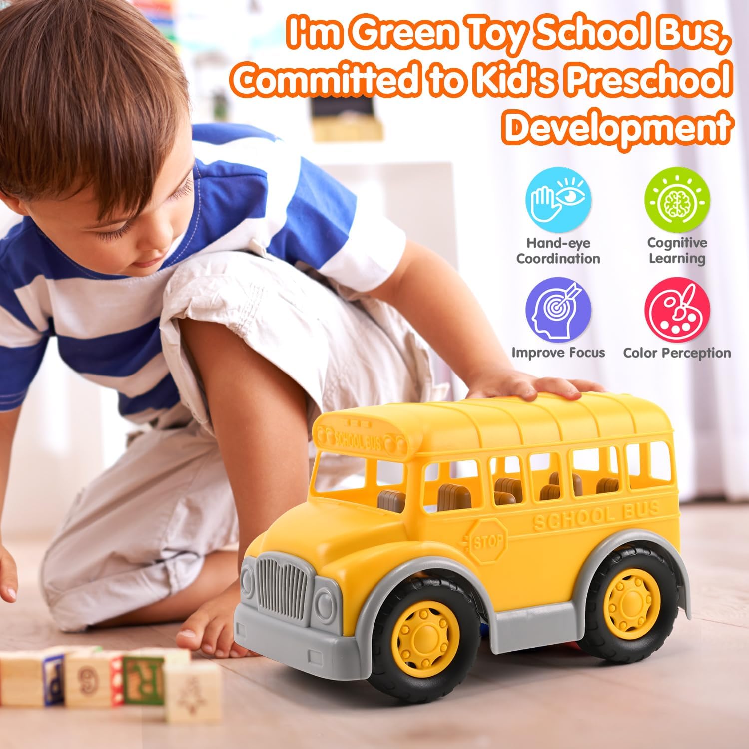 PLAY Juguete ecológico para autobús escolar, certificado por USDA, sin BPAftalatoPVC, juguete de autobús bioplástico reciclado, regalo para niños y