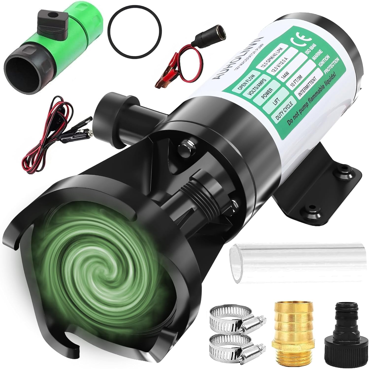 Bomba maceradora portátil RV de 12 V, AUHO 12 GPM, bomba de residuos RV con puerto de descarga de manguera de jardín, bomba de aguas residuales,
