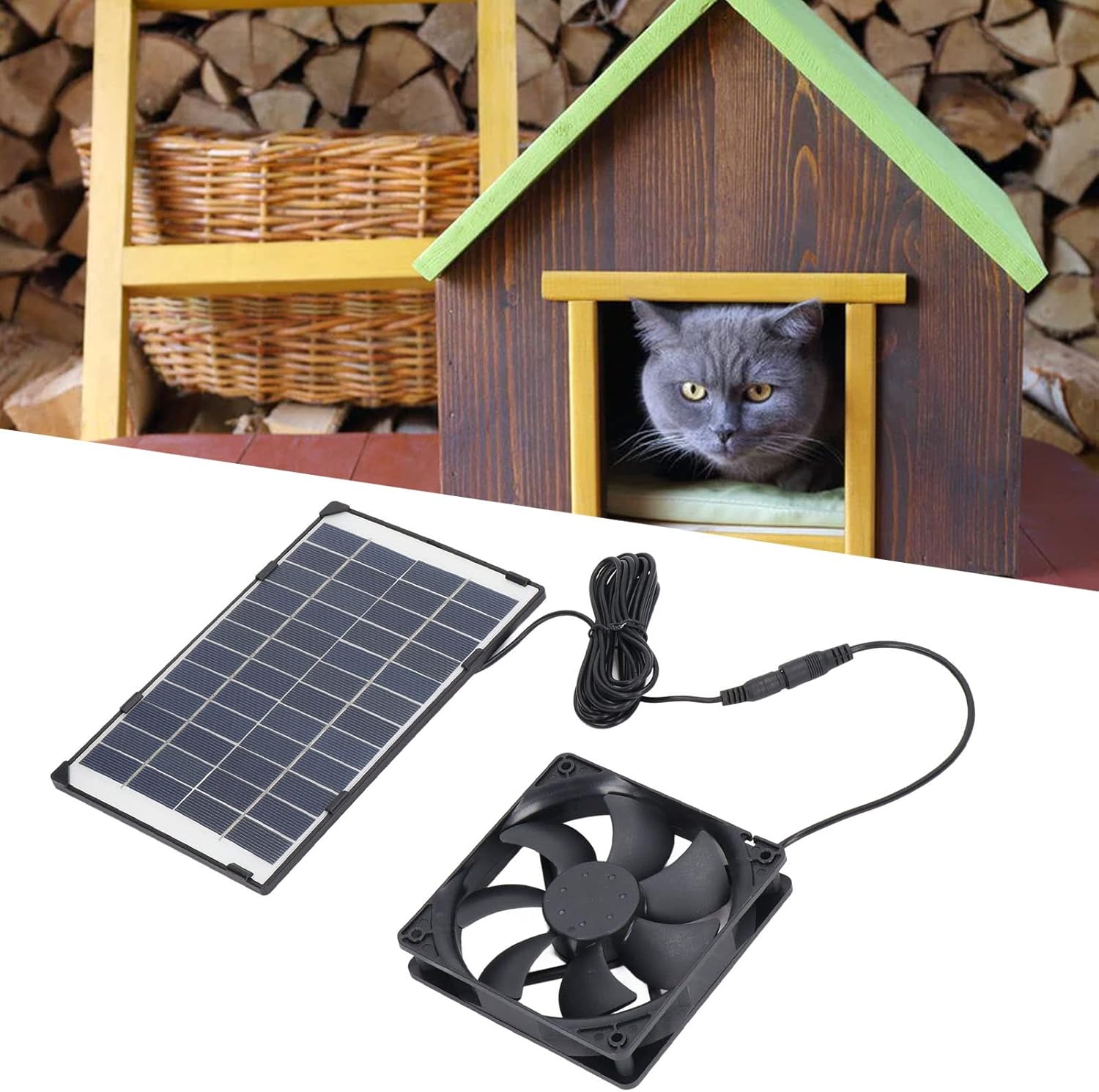 Flbirret Mini ventilador de panel solar portátil para acampar casa de mascotas, ventilador de escape de 6 W 12 V con panel de polisilicio, elimina