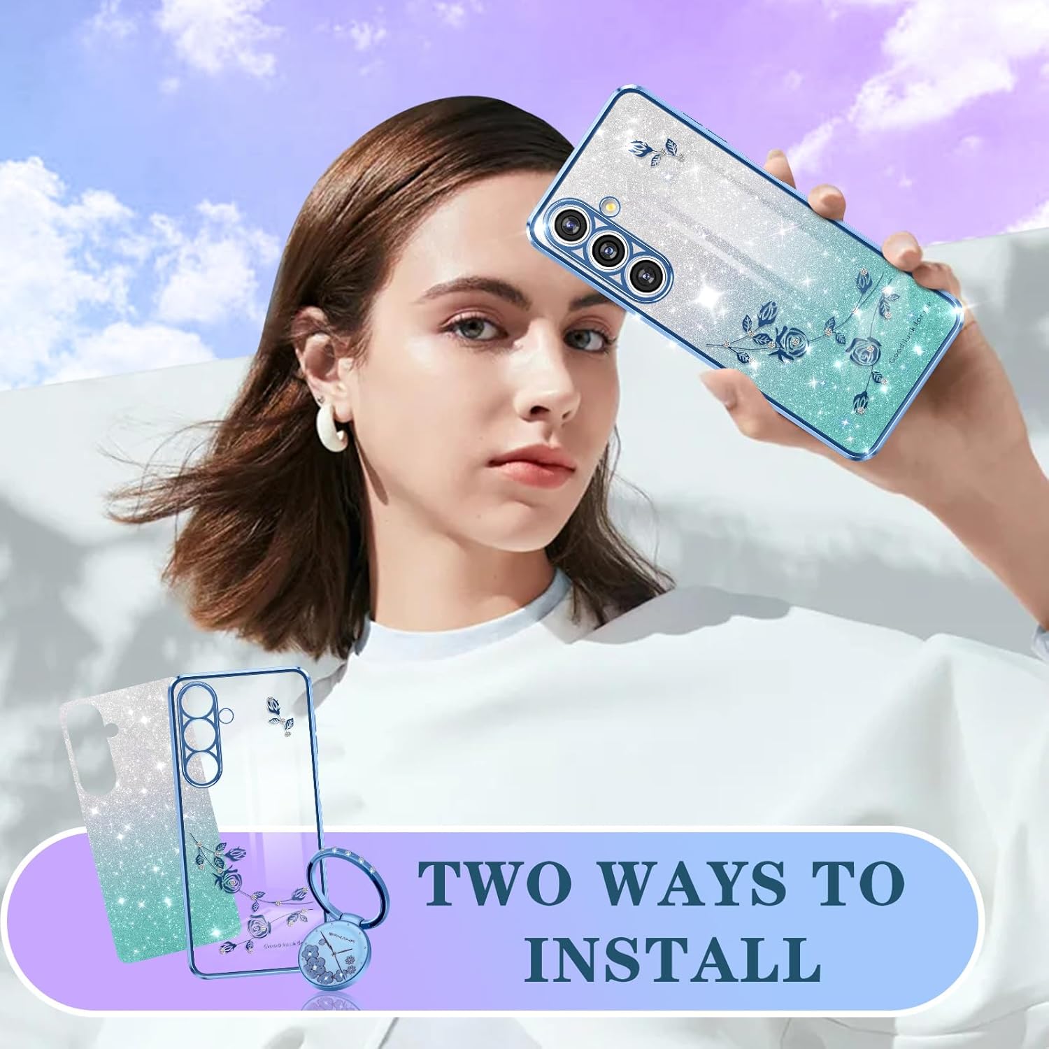 Coralogo Funda para teléfono Samsung Galaxy A54 5G 3 en 1 con purpurina brillante para mujeres y niñas, funda brillante con bonito diseño floral de