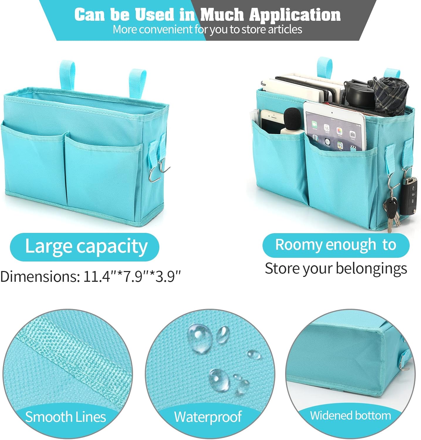 Organizador de litera, organizador de cama colgante para mesita de noche, bolsa de almacenamiento con 4 bolsillos y 2 ganchos, para dormitorios
